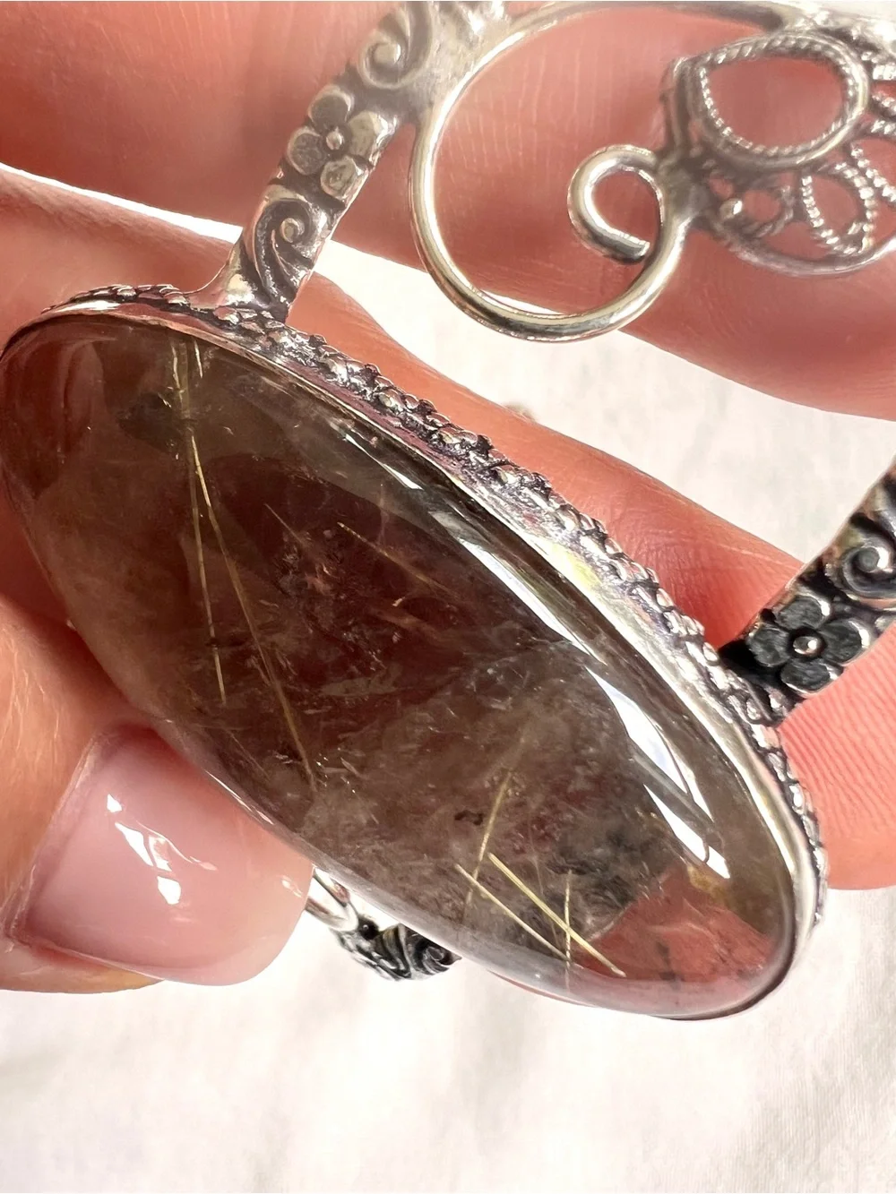 925 Divine Light! GOLDEN Rutile Rutilated SMOKY Quartz Cuff Bracelet